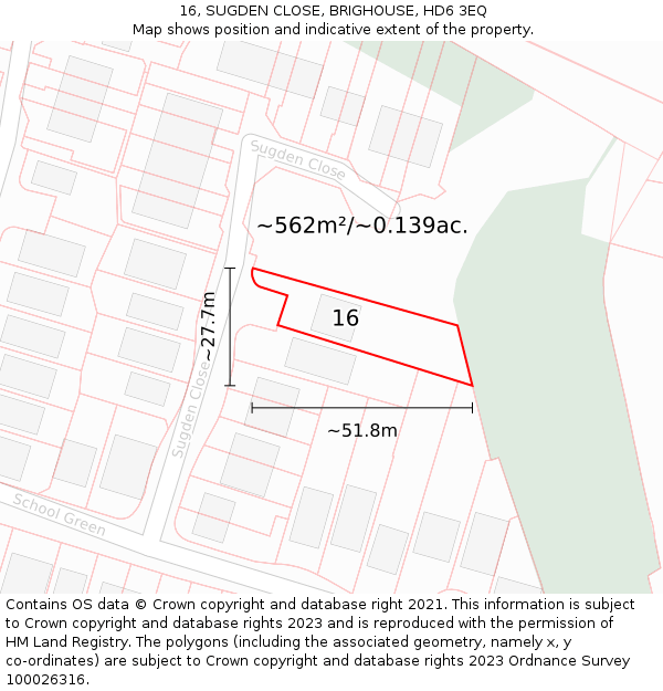 16, SUGDEN CLOSE, BRIGHOUSE, HD6 3EQ: Plot and title map
