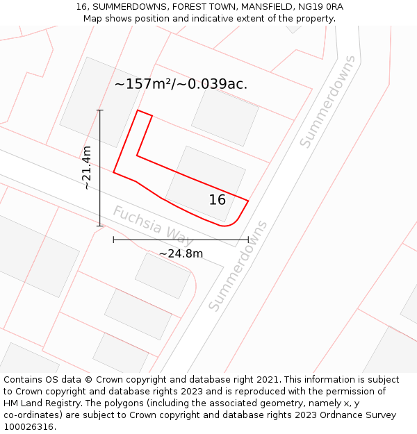 16, SUMMERDOWNS, FOREST TOWN, MANSFIELD, NG19 0RA: Plot and title map
