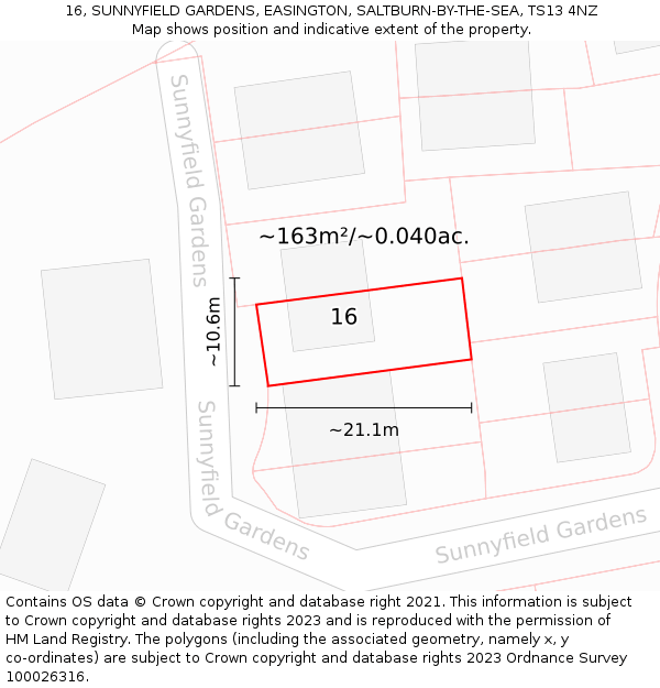16, SUNNYFIELD GARDENS, EASINGTON, SALTBURN-BY-THE-SEA, TS13 4NZ: Plot and title map