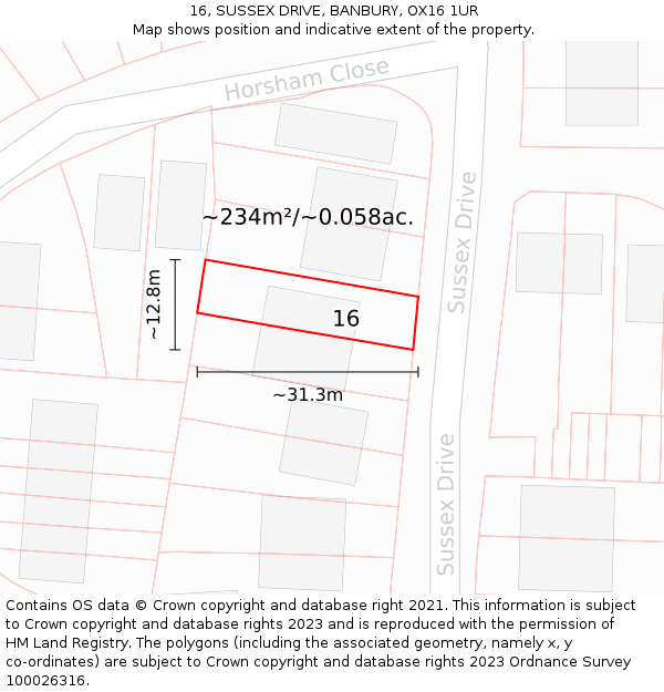 16, SUSSEX DRIVE, BANBURY, OX16 1UR: Plot and title map