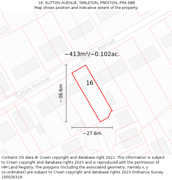 16, SUTTON AVENUE, TARLETON, PRESTON, PR4 6BB: Plot and title map