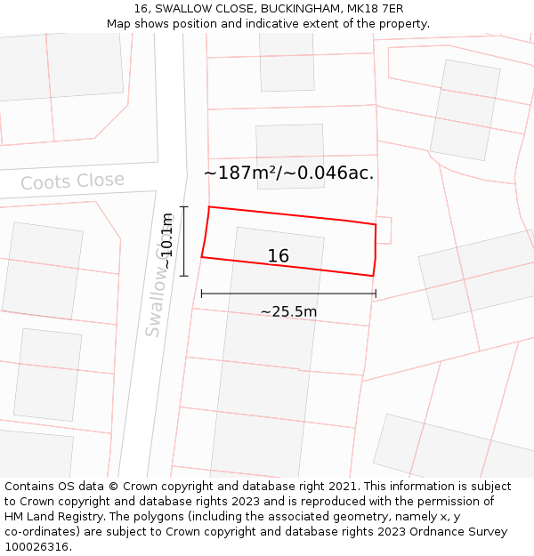 16, SWALLOW CLOSE, BUCKINGHAM, MK18 7ER: Plot and title map
