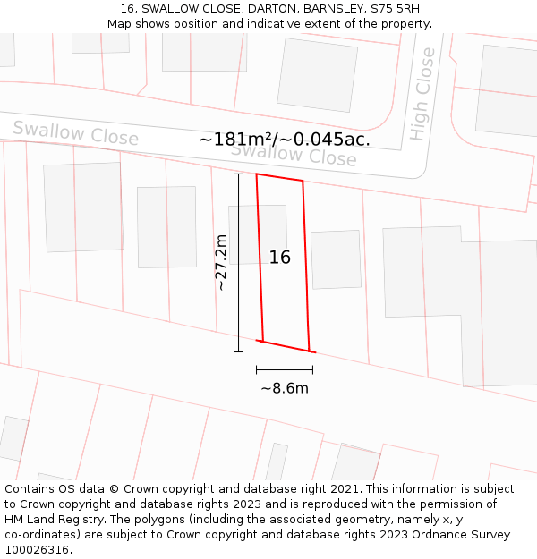 16, SWALLOW CLOSE, DARTON, BARNSLEY, S75 5RH: Plot and title map