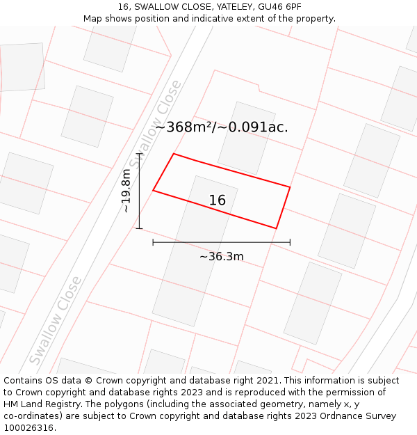 16, SWALLOW CLOSE, YATELEY, GU46 6PF: Plot and title map
