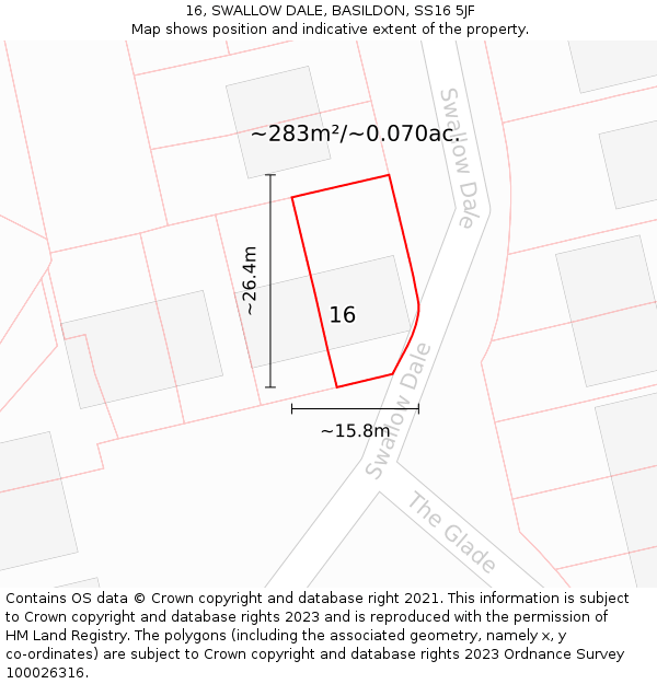 16, SWALLOW DALE, BASILDON, SS16 5JF: Plot and title map