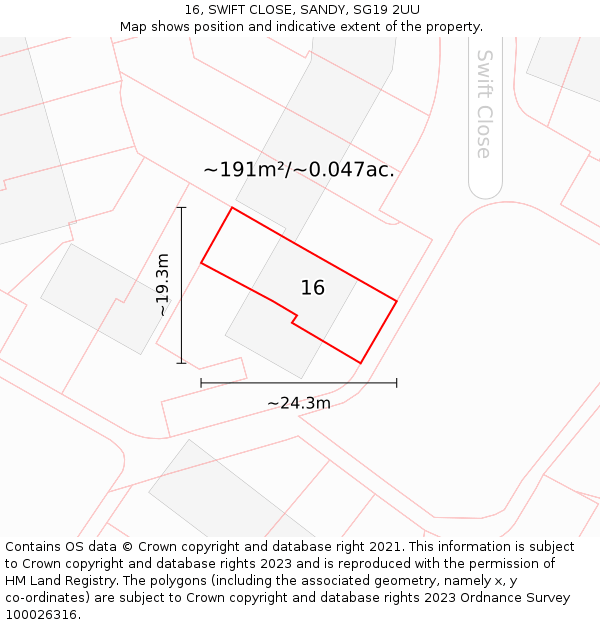 16, SWIFT CLOSE, SANDY, SG19 2UU: Plot and title map