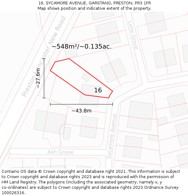 16, SYCAMORE AVENUE, GARSTANG, PRESTON, PR3 1FR: Plot and title map