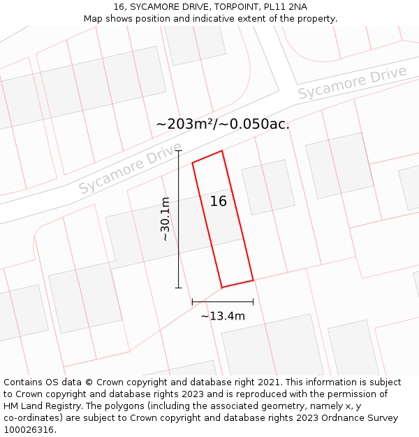 16, SYCAMORE DRIVE, TORPOINT, PL11 2NA: Plot and title map