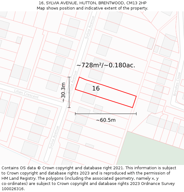 16, SYLVIA AVENUE, HUTTON, BRENTWOOD, CM13 2HP: Plot and title map