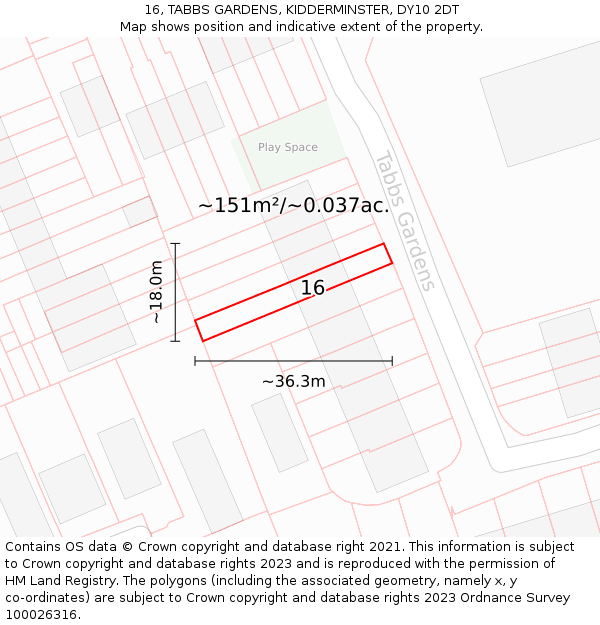 16, TABBS GARDENS, KIDDERMINSTER, DY10 2DT: Plot and title map
