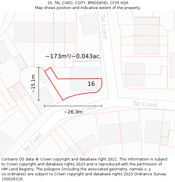 16, TAL COED, COITY, BRIDGEND, CF35 6QA: Plot and title map