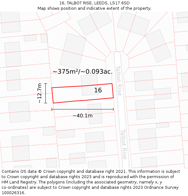 16, TALBOT RISE, LEEDS, LS17 6SD: Plot and title map