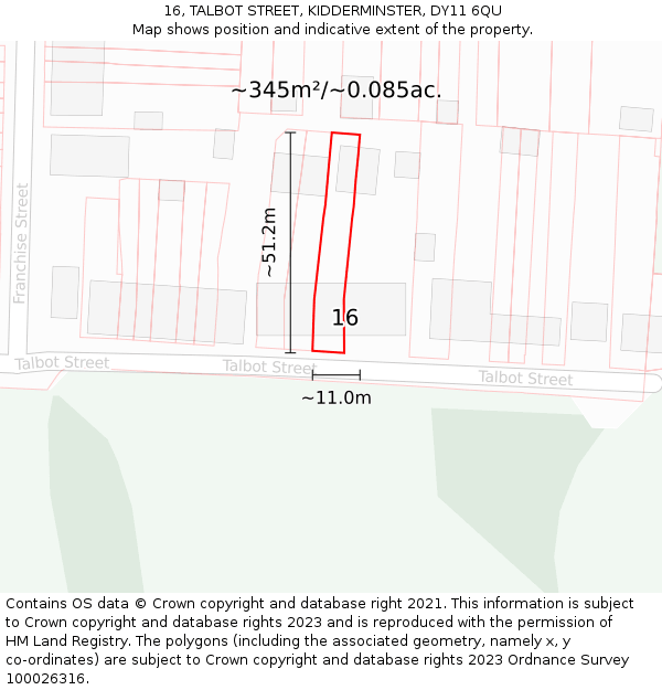 16, TALBOT STREET, KIDDERMINSTER, DY11 6QU: Plot and title map