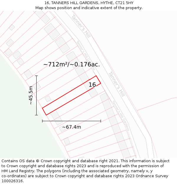 16, TANNERS HILL GARDENS, HYTHE, CT21 5HY: Plot and title map