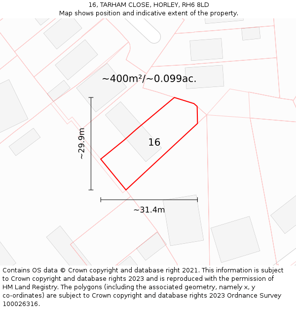 16, TARHAM CLOSE, HORLEY, RH6 8LD: Plot and title map