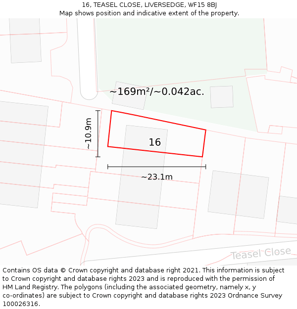 16, TEASEL CLOSE, LIVERSEDGE, WF15 8BJ: Plot and title map