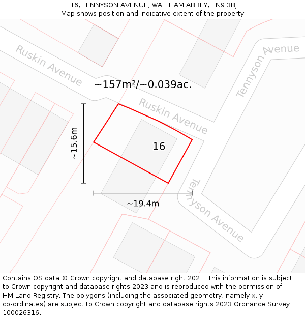 16, TENNYSON AVENUE, WALTHAM ABBEY, EN9 3BJ: Plot and title map