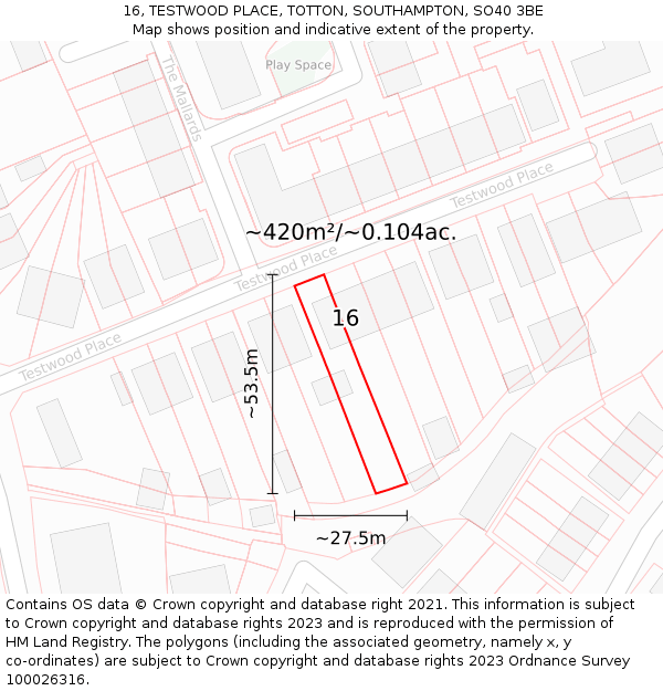 16, TESTWOOD PLACE, TOTTON, SOUTHAMPTON, SO40 3BE: Plot and title map