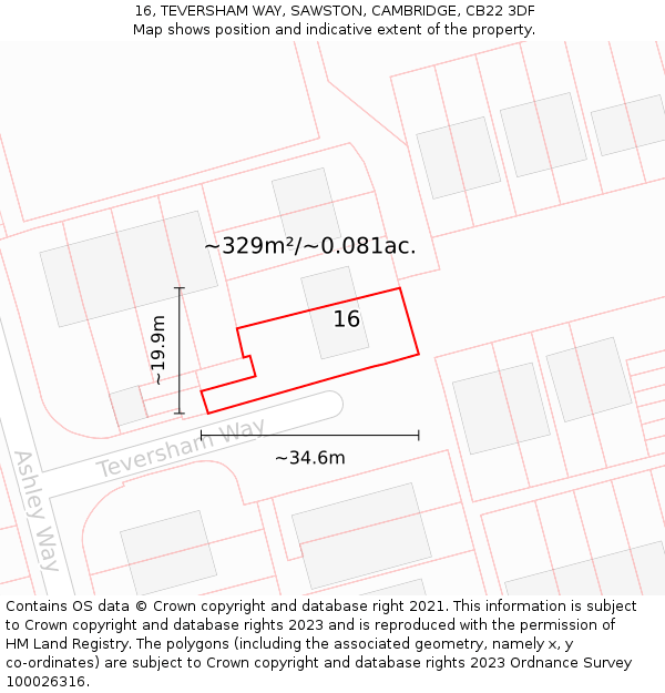 16, TEVERSHAM WAY, SAWSTON, CAMBRIDGE, CB22 3DF: Plot and title map
