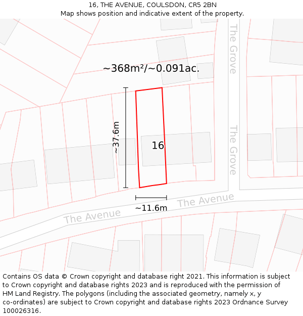 16, THE AVENUE, COULSDON, CR5 2BN: Plot and title map