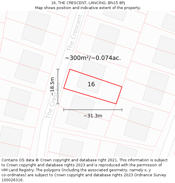 16, THE CRESCENT, LANCING, BN15 8PJ: Plot and title map