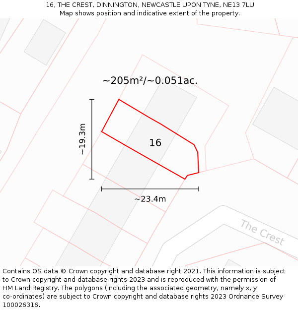 16, THE CREST, DINNINGTON, NEWCASTLE UPON TYNE, NE13 7LU: Plot and title map