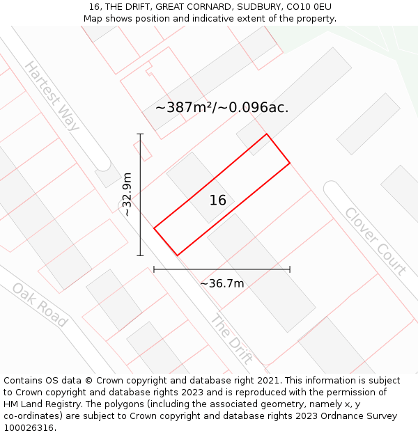16, THE DRIFT, GREAT CORNARD, SUDBURY, CO10 0EU: Plot and title map