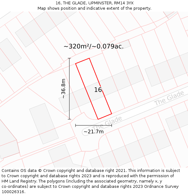 16, THE GLADE, UPMINSTER, RM14 3YX: Plot and title map