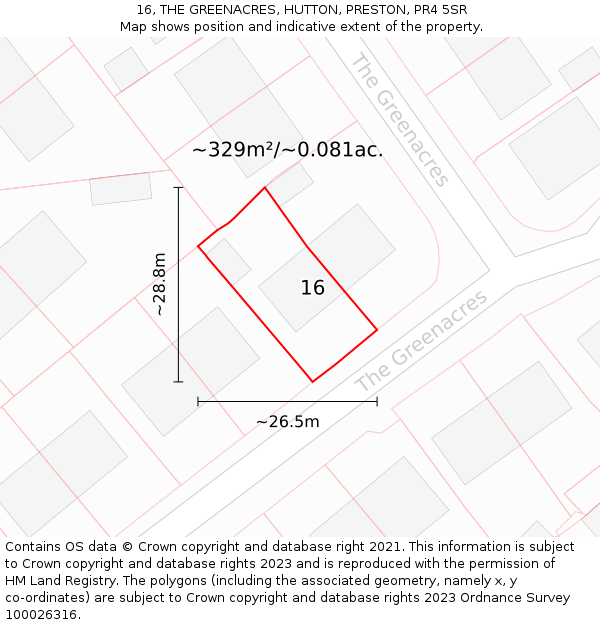 16, THE GREENACRES, HUTTON, PRESTON, PR4 5SR: Plot and title map