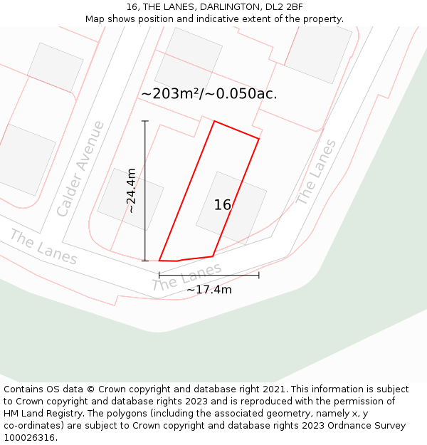 16, THE LANES, DARLINGTON, DL2 2BF: Plot and title map