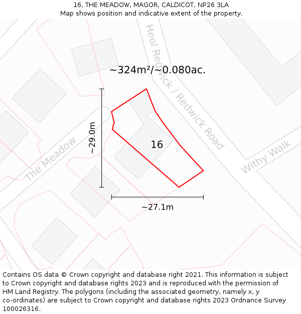 16, THE MEADOW, MAGOR, CALDICOT, NP26 3LA: Plot and title map