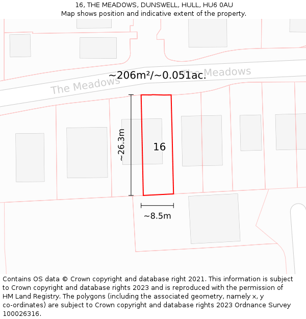 16, THE MEADOWS, DUNSWELL, HULL, HU6 0AU: Plot and title map