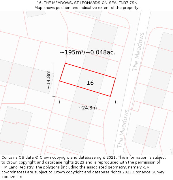 16, THE MEADOWS, ST LEONARDS-ON-SEA, TN37 7SN: Plot and title map