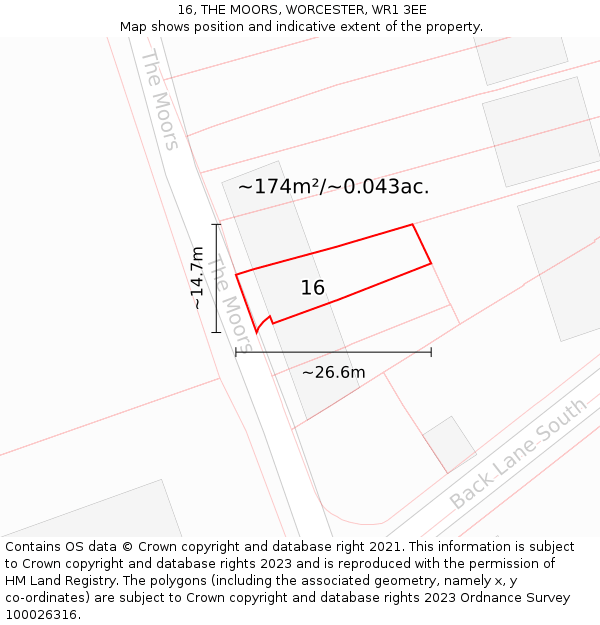 16, THE MOORS, WORCESTER, WR1 3EE: Plot and title map