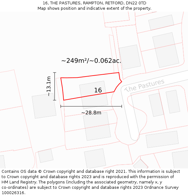 16, THE PASTURES, RAMPTON, RETFORD, DN22 0TD: Plot and title map