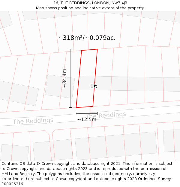 16, THE REDDINGS, LONDON, NW7 4JR: Plot and title map