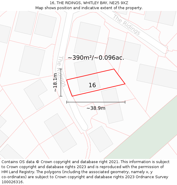 16, THE RIDINGS, WHITLEY BAY, NE25 9XZ: Plot and title map