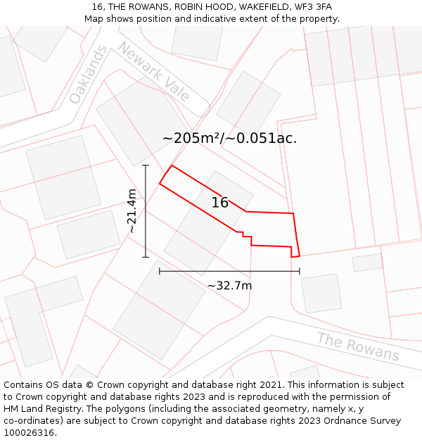 16, THE ROWANS, ROBIN HOOD, WAKEFIELD, WF3 3FA: Plot and title map