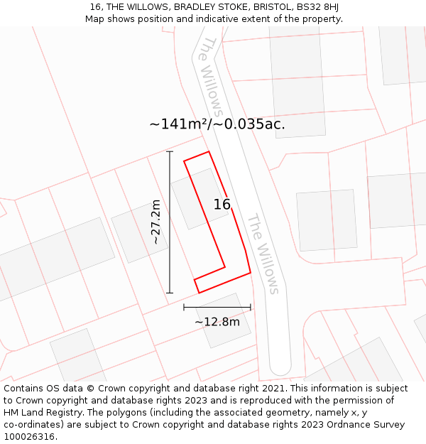 16, THE WILLOWS, BRADLEY STOKE, BRISTOL, BS32 8HJ: Plot and title map
