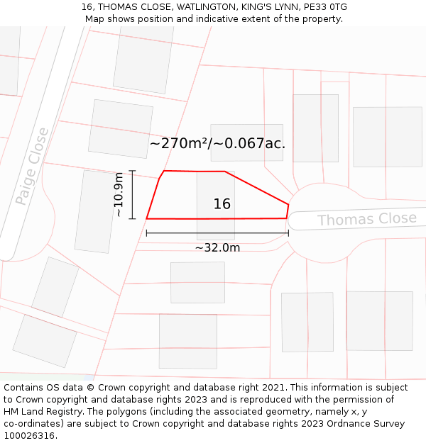 16, THOMAS CLOSE, WATLINGTON, KING'S LYNN, PE33 0TG: Plot and title map