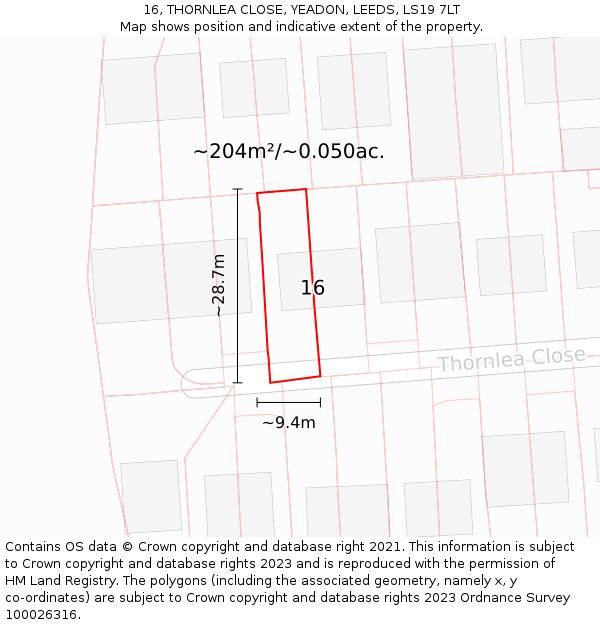 16, THORNLEA CLOSE, YEADON, LEEDS, LS19 7LT: Plot and title map