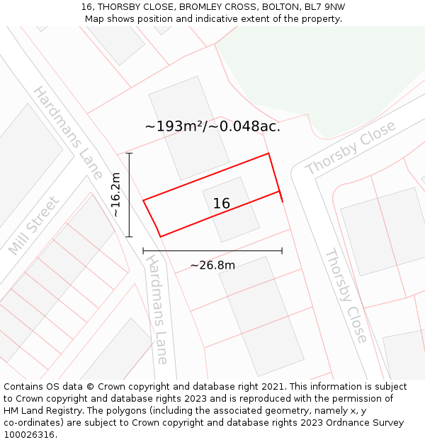 16, THORSBY CLOSE, BROMLEY CROSS, BOLTON, BL7 9NW: Plot and title map