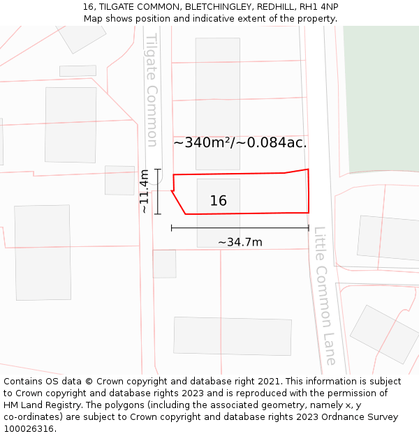 16, TILGATE COMMON, BLETCHINGLEY, REDHILL, RH1 4NP: Plot and title map