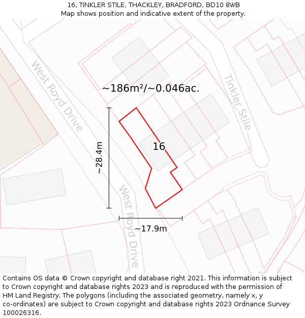 16, TINKLER STILE, THACKLEY, BRADFORD, BD10 8WB: Plot and title map