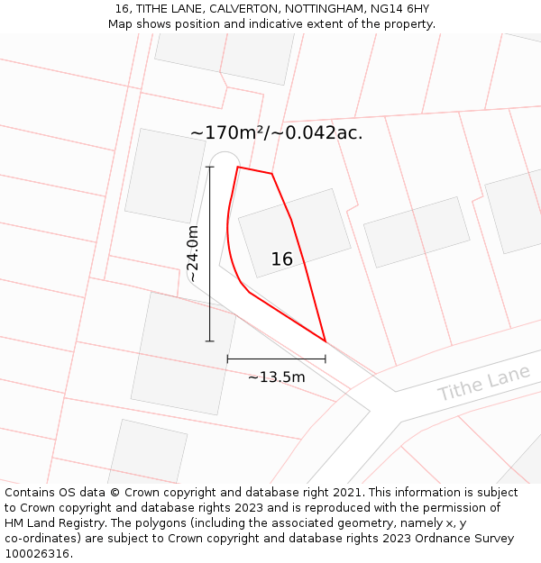 16, TITHE LANE, CALVERTON, NOTTINGHAM, NG14 6HY: Plot and title map