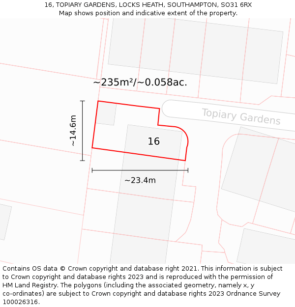 16, TOPIARY GARDENS, LOCKS HEATH, SOUTHAMPTON, SO31 6RX: Plot and title map