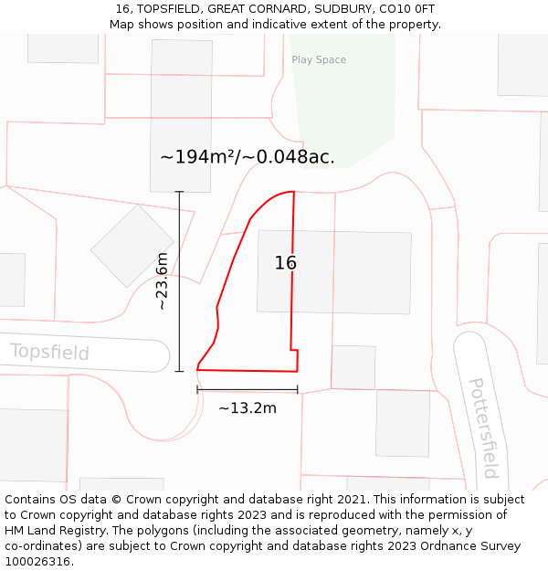 16, TOPSFIELD, GREAT CORNARD, SUDBURY, CO10 0FT: Plot and title map