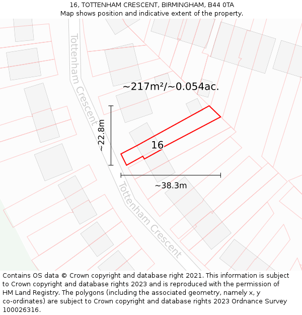 16, TOTTENHAM CRESCENT, BIRMINGHAM, B44 0TA: Plot and title map