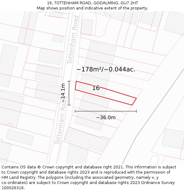 16, TOTTENHAM ROAD, GODALMING, GU7 2HT: Plot and title map