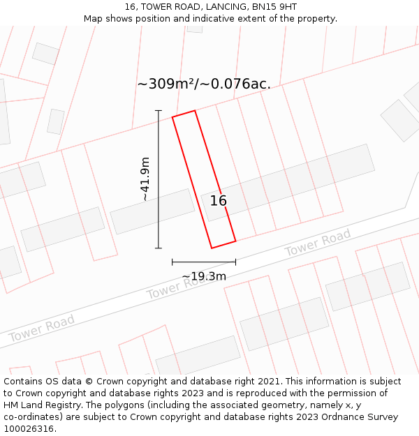 16, TOWER ROAD, LANCING, BN15 9HT: Plot and title map